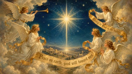 Naklejka premium Heavenly angels praising God around the bright Bethlehem star above the holy city at Christmas