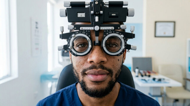 Patient undergoing vision test with optometrist trial frame glasses in clinic