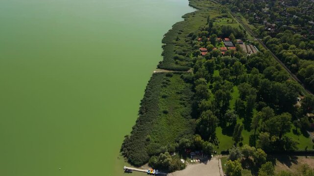 Aerial view of drone flying above lake in Central Europe