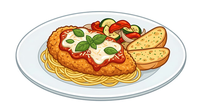 Chicken parmesan pasta with marinara sauce and melted cheese served with garlic bread and vegetables.