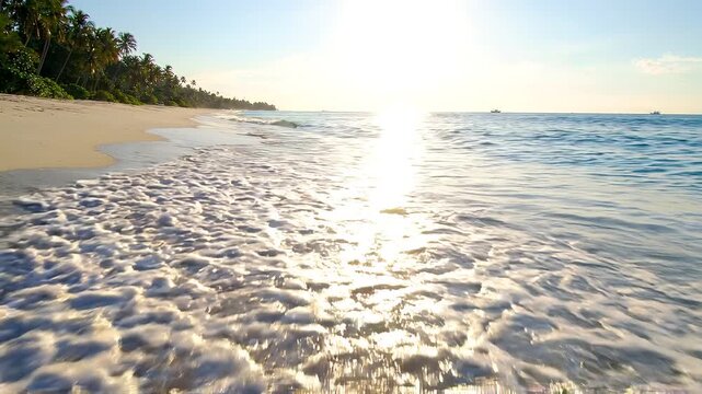 Tropical beach shoreline with gentle ocean waves at sunset golden hour