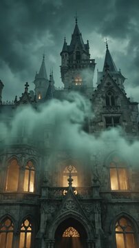 Gothic mansion with glowing windows and thick fog at night, establishing shot
