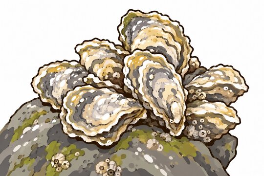 岩場に群生する野生の牡蠣と海の自然環境を描いたイラスト