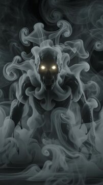 Sinister dark creatures with glowing eyes emerging from thick swirling grey smoke background