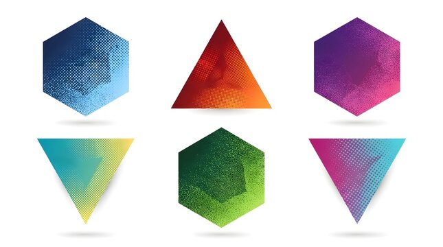 Collection of multicolored geometric shapes with textured halftone effects