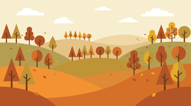 A flat vector illustration of a scenic autumn landscape featuring rolling hills and colorful trees in a peaceful fall environment