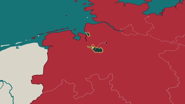 Animated map of Bremen, Germany, highlighting the federal state boundary and location within Germany. Useful for geography, education, regional analysis, news, documentary and European content