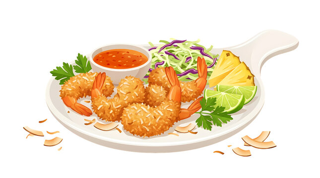 Crispy coconut shrimp with sweet chili sauce pineapple and lime.