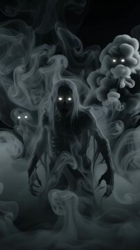 Ghostly humanoid figures with glowing eyes emerging from swirling dark grey smoke, close up shot