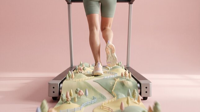 Close up of running shoes stepping through a miniature pastel countryside on a treadmill