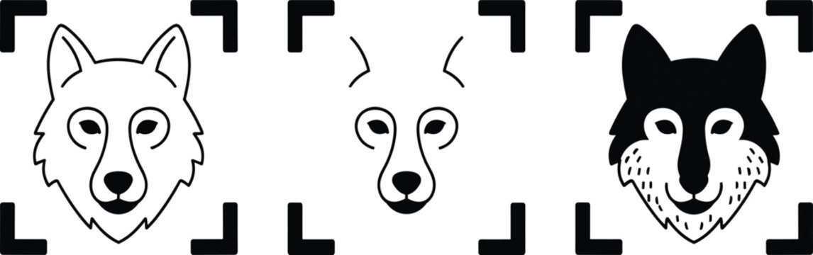 Wolf Head Icon Set Featuring Wild Animal Portraits, Minimalist Line Art, and Wildlife Tracking Symbols for Vector Designs