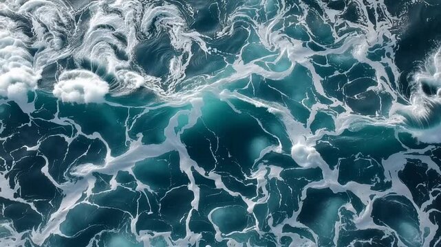 Powerful ocean waves and white sea foam swirling over deep blue water in an aerial view with texture