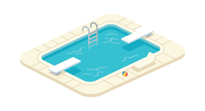 Isometric swimming pool with diving board and lounge chair on white background
