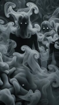 Dark humanoid creatures emerging from swirling white smoke, medium shot, slow motion