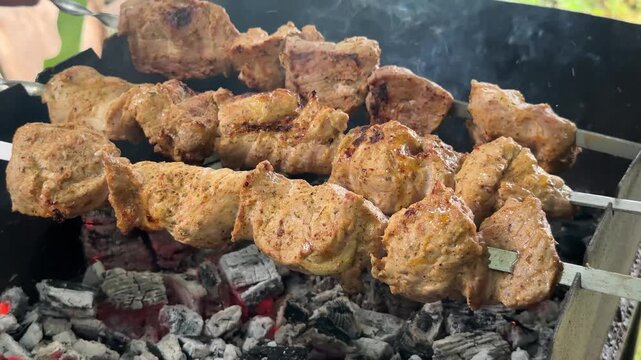 Juicy pork tenderloin cooked over hot coals High quality 4k footage