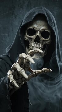 Grim reaper in black hooded robe reaching out with skeletal hand in dark smoky atmosphere