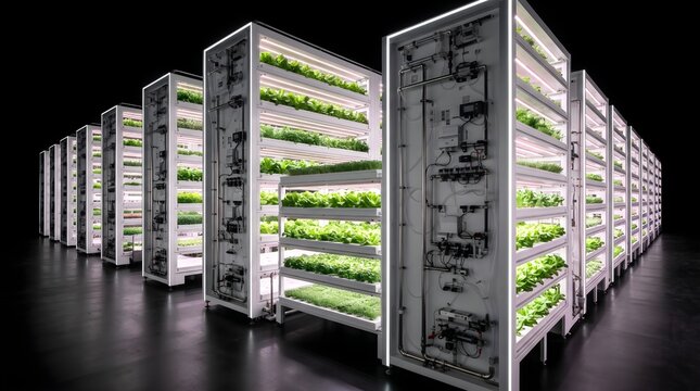 Modern vertical farm facility with hydroponic lettuce growing on automated indoor farming shelves with LED lights
