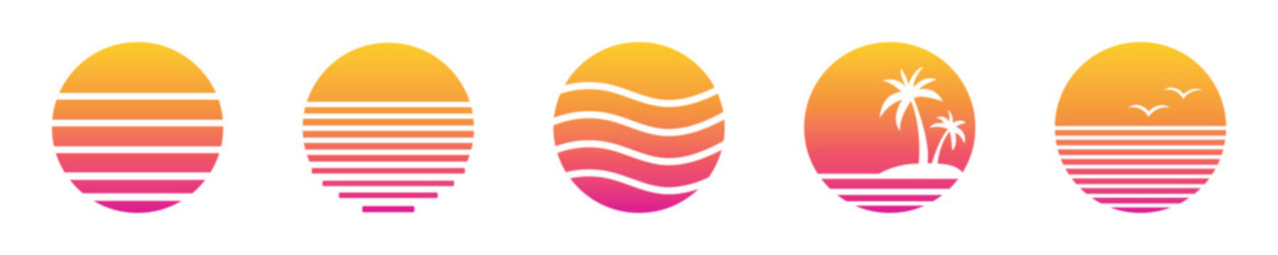 Retro Sunset and Tropical Landscape Icon Set.