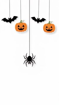 Orange jack-o-lantern pumpkins and black bats hanging against white background with copy space