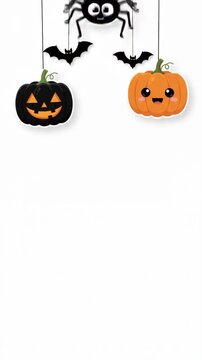 Black jack-o'-lantern and orange pumpkin with bats and spider hanging on white background