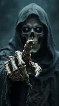 Grim reaper with glowing blue eyes reaching forward in dark hooded robe close up shot