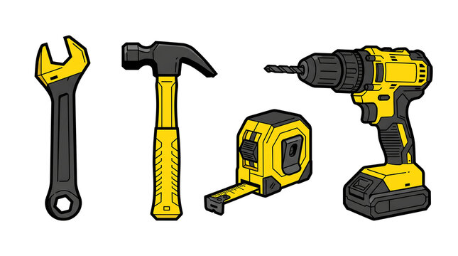 Set of industrial construction hand tools vector illustration featuring a wrench, claw hammer, tape measure, and cordless electric power drill isolated on white background