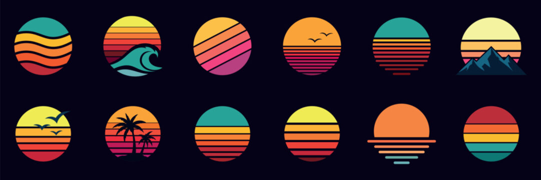 Set of Retro Sunset Landscape Icons.