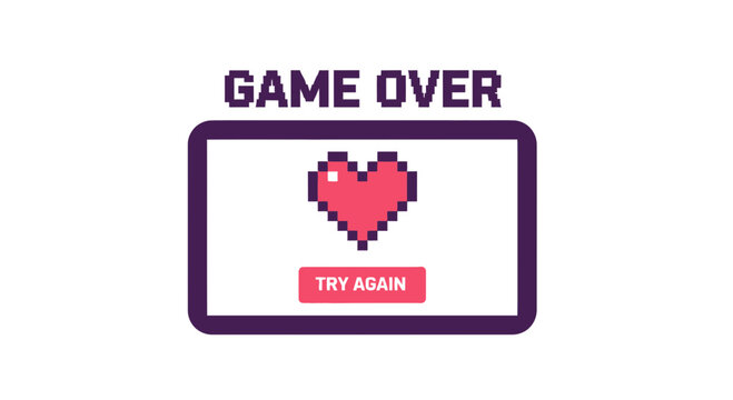 Retro 8-bit Style Game Over Screen Illustration with Pixel Heart and Try Again Button