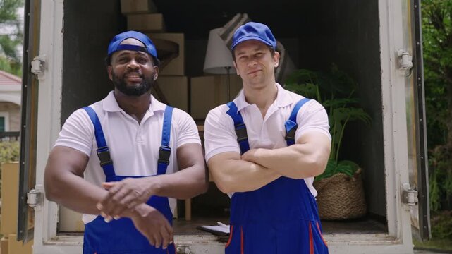 Happy professional African and Caucasian man move service and delivery in company uniform standing smiling with arms crossed while looking at camera with relaxing after finishing loading onto truck. 