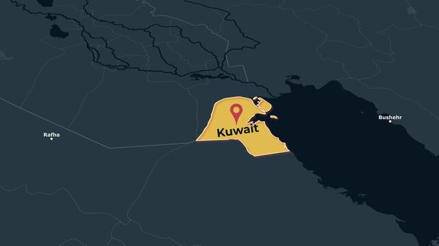 Animated map of Kuwait highlighting the country in the Middle East, Clean dark theme animated locator map highlighting Kuwait in the Middle East for geography, education, travel, documentary