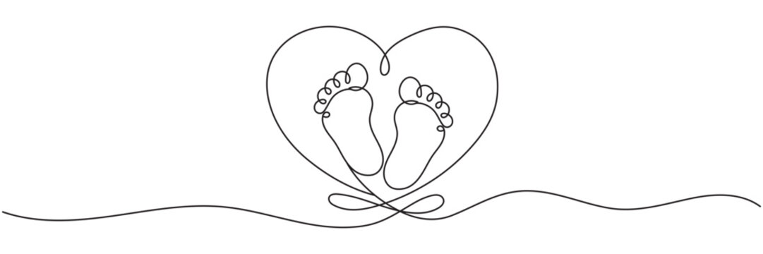 Baby Footprints in Heart One Line Drawing. Editable Line.