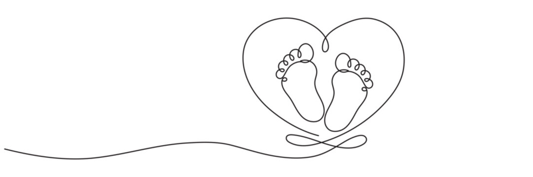 Baby Footprints in Heart One Line Drawing. Editable Line.