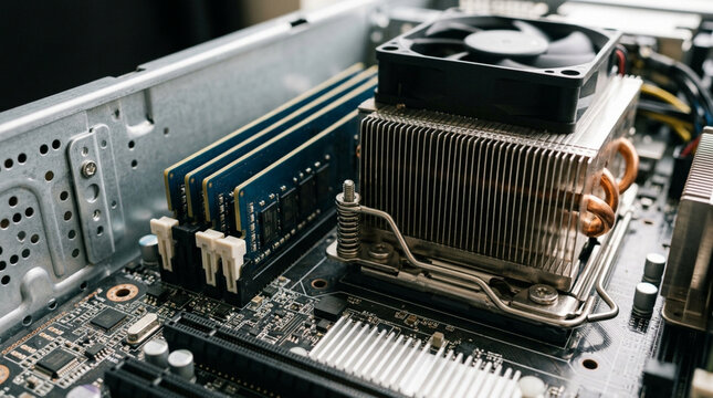 Close-up of computer hardware: RAM, CPU cooler, and fan inside PC case