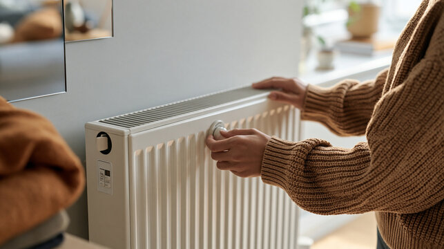 Electric storage heater with night rate economy timer switch visible on side panel installed against plastered wall in bedsit apartment, brick external wall behind showing thermal