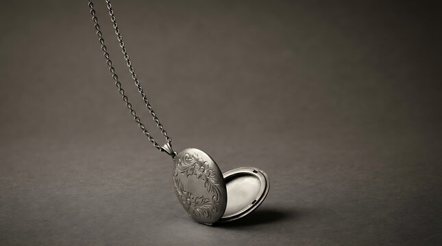 A vintage silver locket pendant hanging from a delicate chain, featuring intricate floral engravings on the surface, presented against a neutral grey background