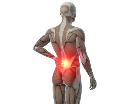 Person holding back with lower back pain highlighted in red