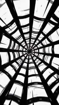 Spider web pattern abstract tunnel moving forward, black and white graphic design, zoom in
