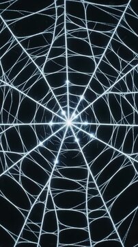 White spider web against black background with glowing light particles, macro close up