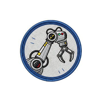 Embroidered circular patch featuring a mechanical robotic arm with a claw