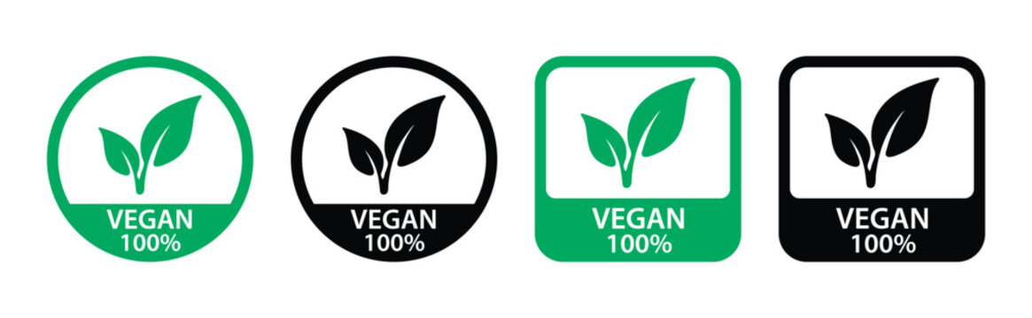 Vegan 100 percent labels set with leaves for natural food packaging and vegetarian product marketing green vegan certification logo icon set