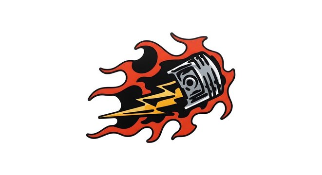 Flaming Piston Cartoon Illustration with Fire Trail, Lightning Bolt, Engine Power Symbol, Hot Rod Racing Graphic, Speed Performance Icon, Garage Artwork, and Dynamic Motorsport Decal Design

