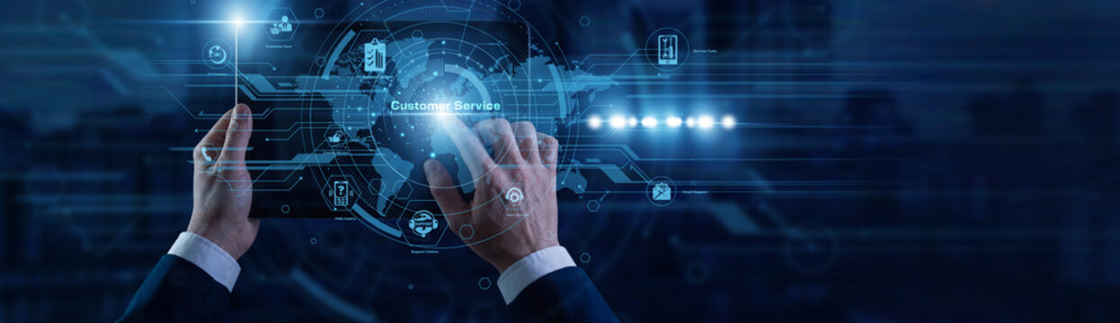 Support agent touching the tablet managing live client inquiry channels and assistance tickets on virtual screen connected to global network. Modern customer service helpdesk system.