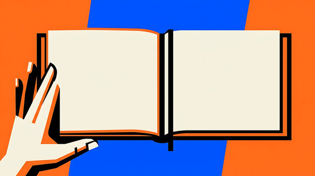 A stylized graphic illustration of an open book being held by a hand, featuring bold colors and a minimalist design
