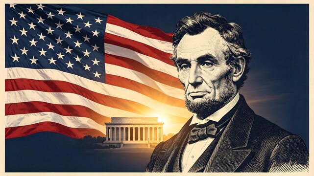 Abraham Lincoln Portrait with American Flag and Lincoln Memorial at Sunset