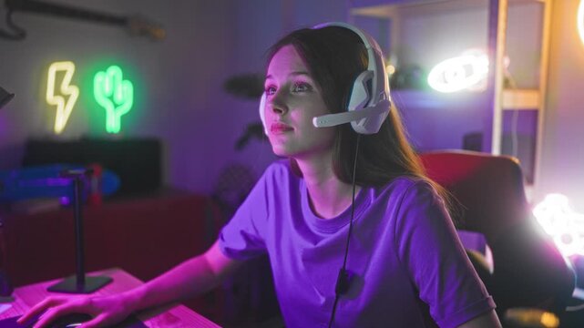 Young woman gamer wearing headset presses hand to head in streaming studio amid gaming chair, microphone, neon controller sign and computer; frustration.