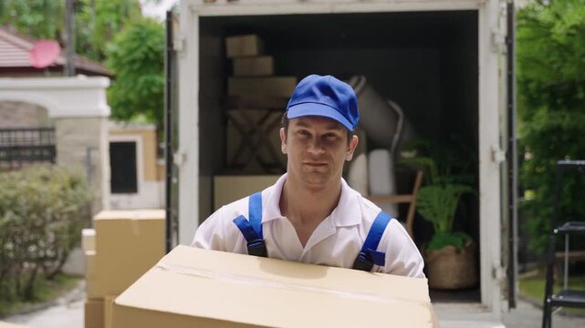Home moving and delivery service concept. Deliveryman professional home and furniture moving with truck from business service company. White male movers in uniforms working and delivering to customer.
