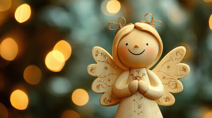 Fototapeta premium Charming wooden angel figurine standing against a warm glowing bokeh background filled with golden holiday lights creating a festive winter wonderland mood for seasonal celebration and holiday greetin