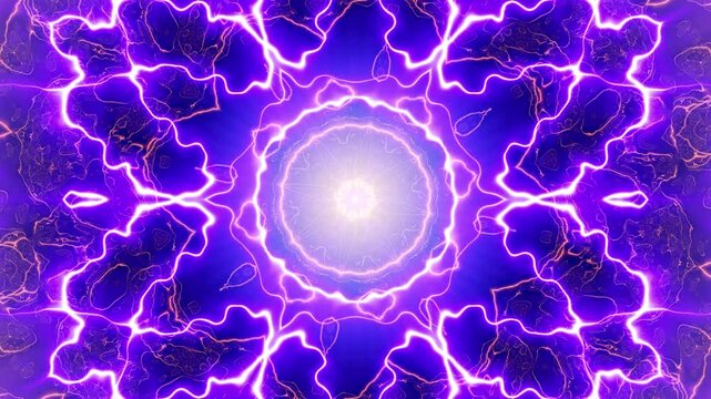 Centered kaleidoscopic energy bloom with star-shaped violet lightning core surrounded by warm golden-orange glow and smoky textures, with