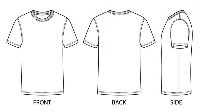 T-shirt mockup vector illustration featuring front back and side views. Blank apparel template