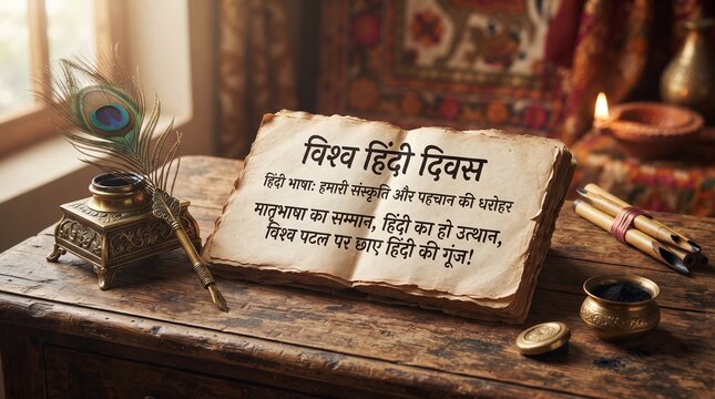 Ancient scroll paper featuring hindi divas calligraphy quote beside peacock feather quill on desk.
